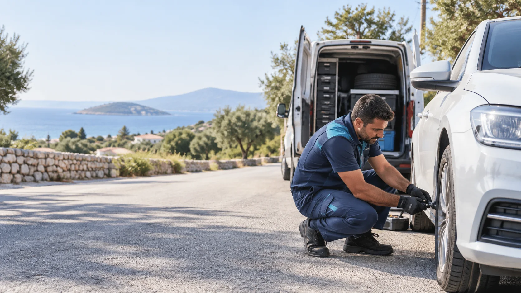 Menderes mobil lastikçi teknisyeninin araç yanında lastik kontrolü